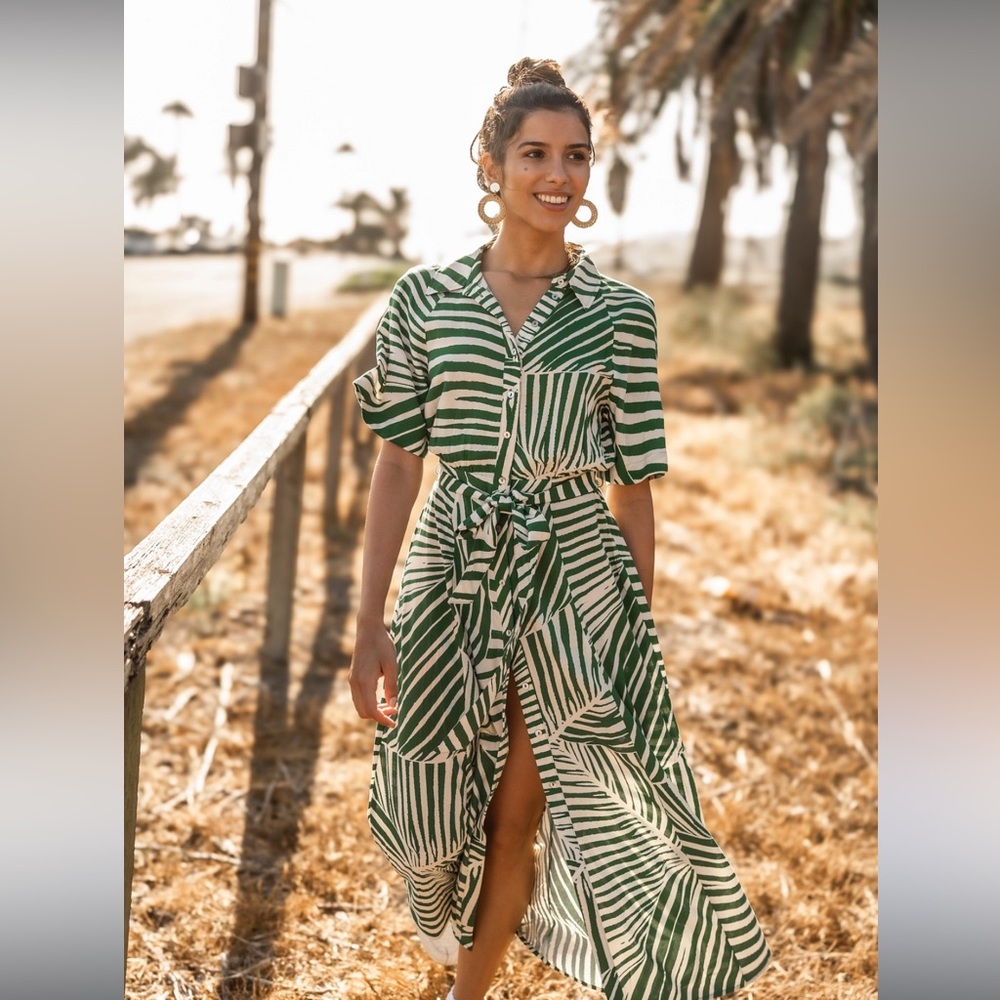 Striped Green and White Maxi Shirt Dress with Tie Waist